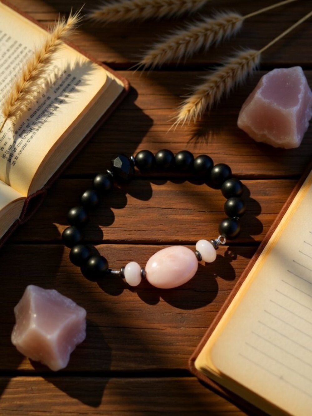 Pink Rose Quartz & Black Stone Beads Stretch Bracelet! Dainty Everyday Boho Chic